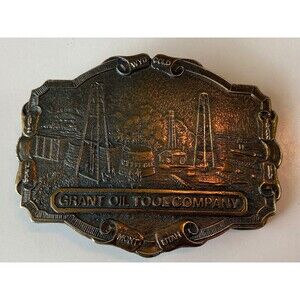 Vintage Grant OIL Tool Company Roughneck MINTY Brass Tone Belt Buckle Rare